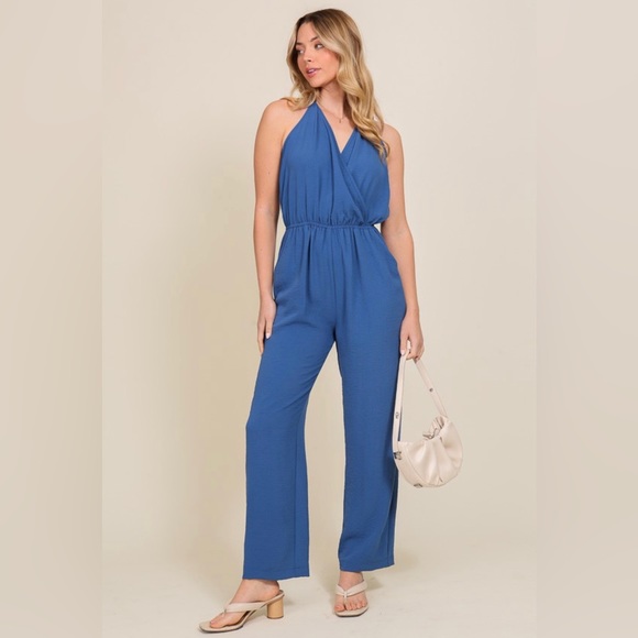 159 Sleeveless Halter Surplice Jumpsuit - Picture 5 of 6